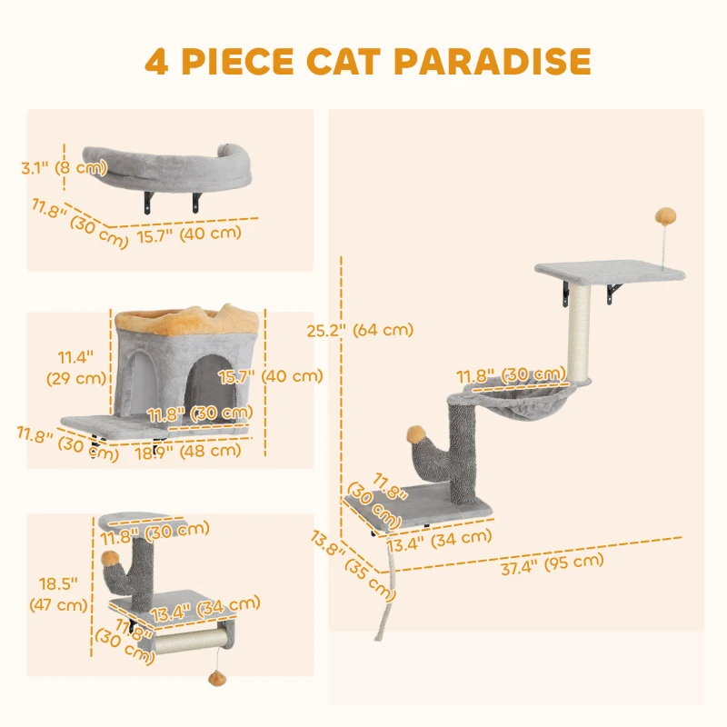 PawHut Cat Wall Shelves, 4 Pcs Cat Wall Furniture Set with Scratching Posts, Condo, Hammock, Perchs, Light Grey