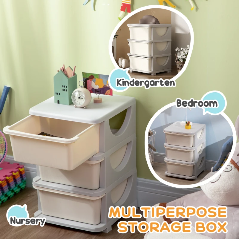 Qaba 3 Tier Kids Toy Organizer and Storage Bins with 3 Plastic Drawers, Cream White