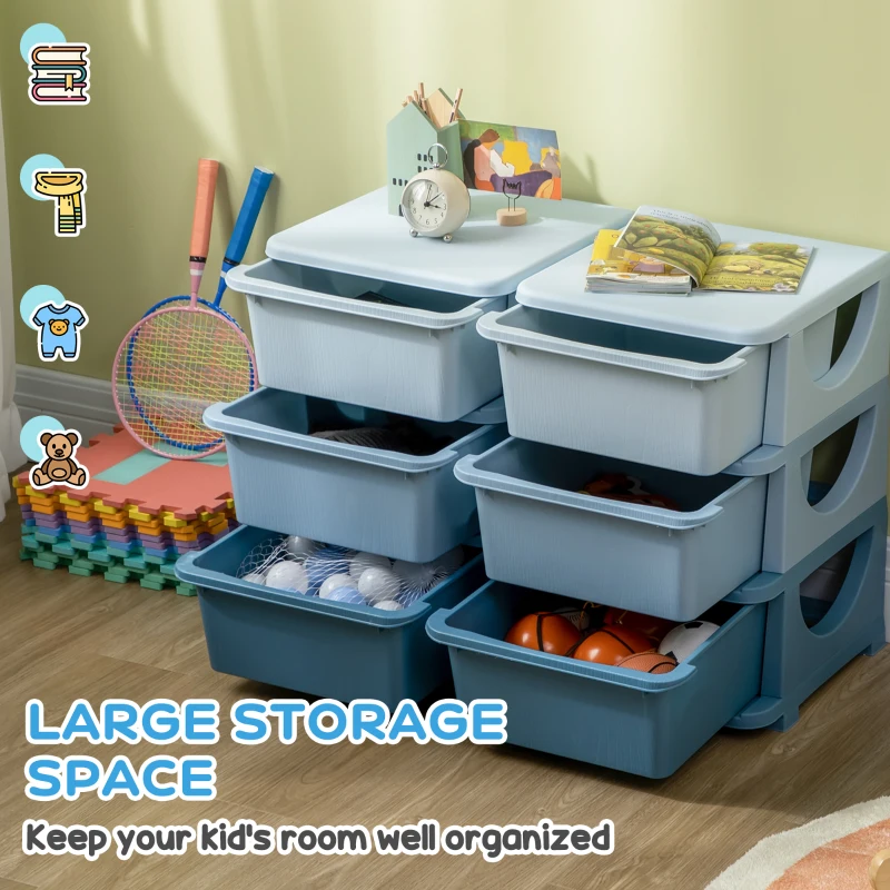 Qaba 3 Tier Kids Toy Organizer and Storage Bins with 6 Plastic Drawers, Blue