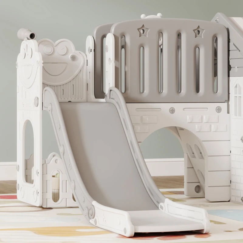 Qaba 7-in-1 Toddler Slide, Kids Slide Climber Playset with Playhouse and Basketball Hoop for 1-4 Years, Grey