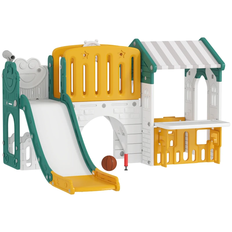 Qaba 7-in-1 Toddler Slide, Kids Slide Climber Playset with Playhouse and Basketball Hoop for 1-4 Years, Yellow