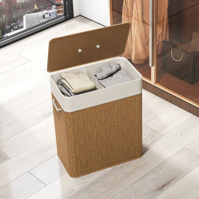 HOMCOM Double Laundry Basket with Lid, 100L Bamboo Laundry Hamper with Rope Handles and Removable Bags, Brown