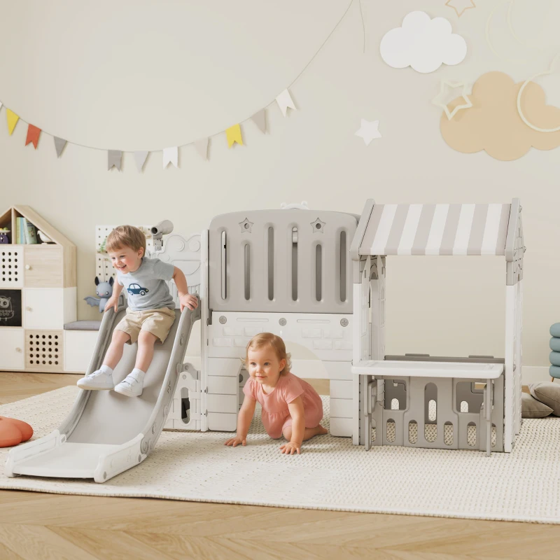 Qaba 7-in-1 Toddler Slide, Kids Slide Climber Playset with Playhouse and Basketball Hoop for 1-4 Years, Grey