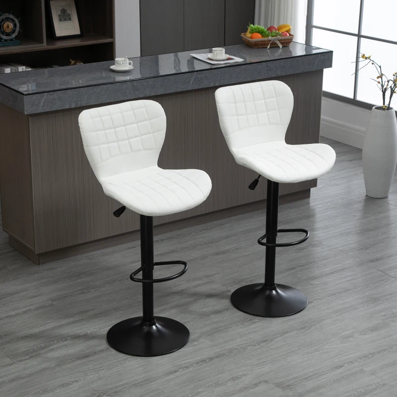 HOMCOM Bar Stools Set of 2 Adjustable Height Swivel Bar Chairs in PU Leather with Backrest & Footrest, White
