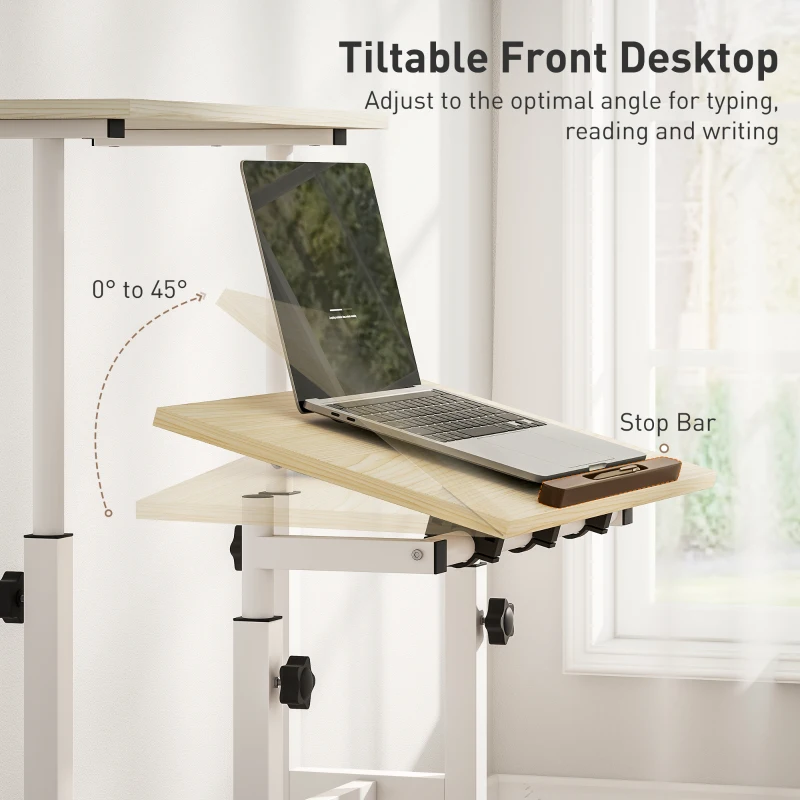 HOMCOM Stand Up Desk, Height & Angle Adjustable Computer Desk with Wheels for Standing or Sitting, Laptop Table, Natural