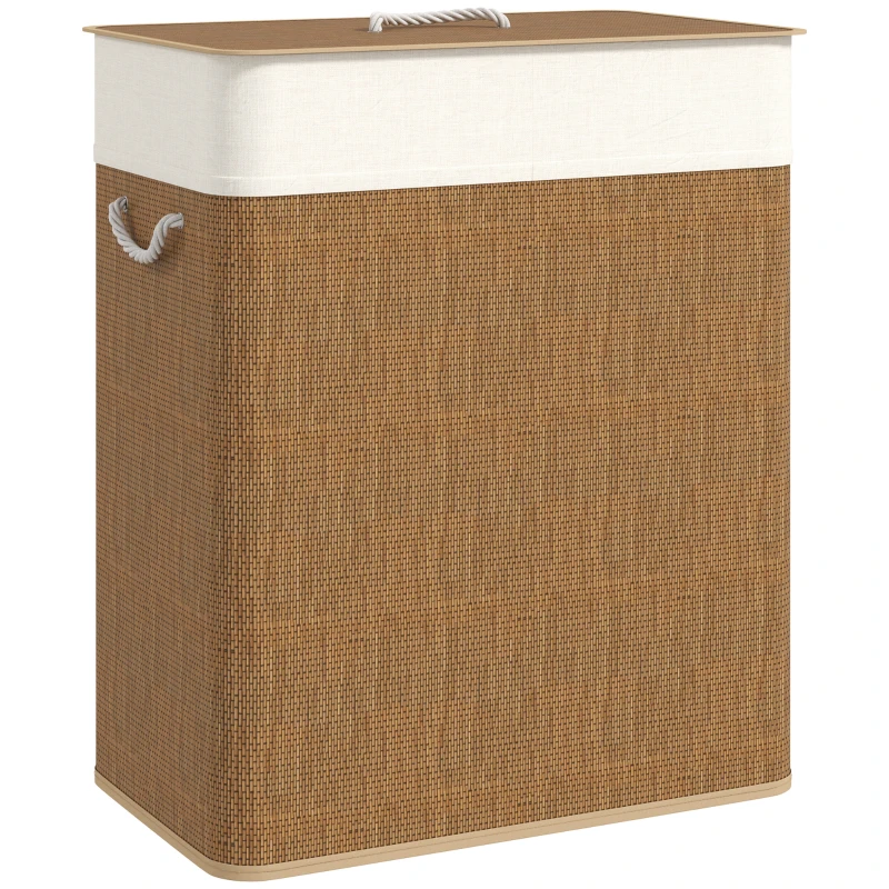 HOMCOM Double Laundry Basket with Lid, 100L Bamboo Laundry Hamper with Rope Handles and Removable Bags, Brown