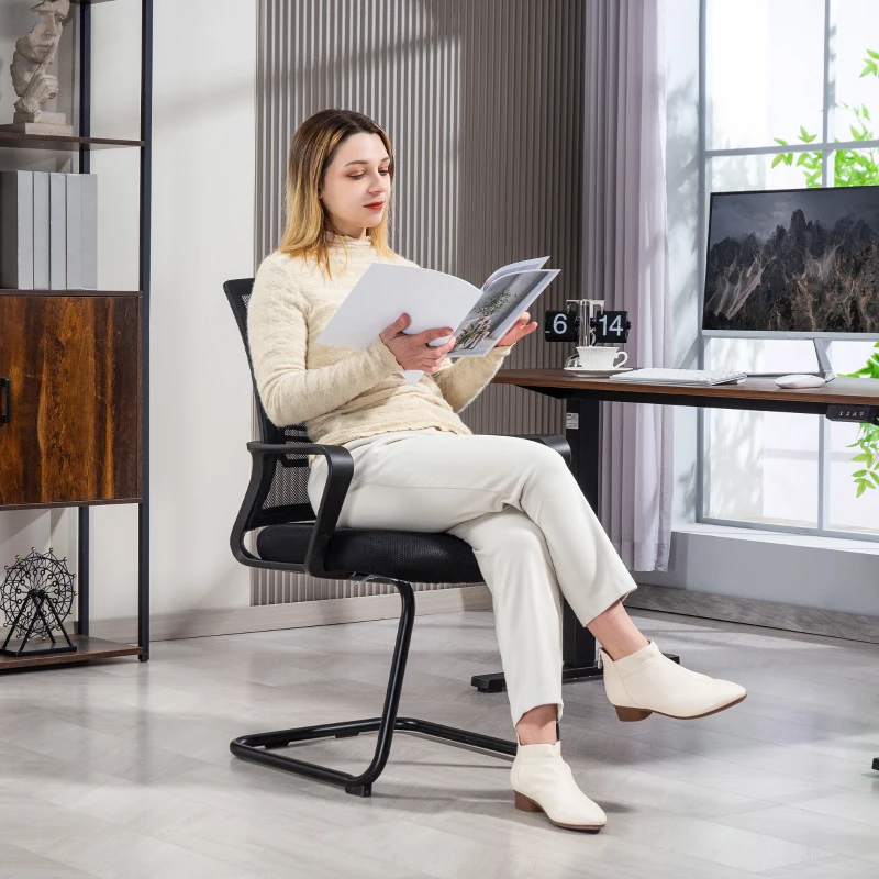 HOMCOM Ergonomic Desk Chair No Wheels, Padded Mesh Office Waiting Room Reception Chair with Sled Base, Black