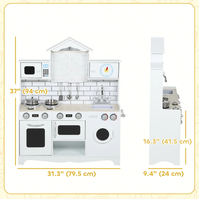 Qaba Pretend Play Kitchen for Kids, Pretend Kids Kitchen Playset with Switch Knob Sound, Clock, for Ages 3-6 Years, White
