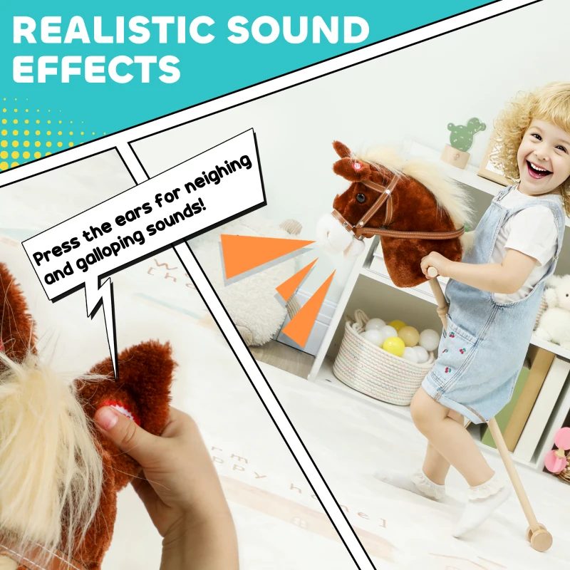 Qaba Unicorn Stick Horse, Plush Hobby Horse with Wood Wheels, Real Pony Neighing and Galloping Sounds, for Kids, Brown