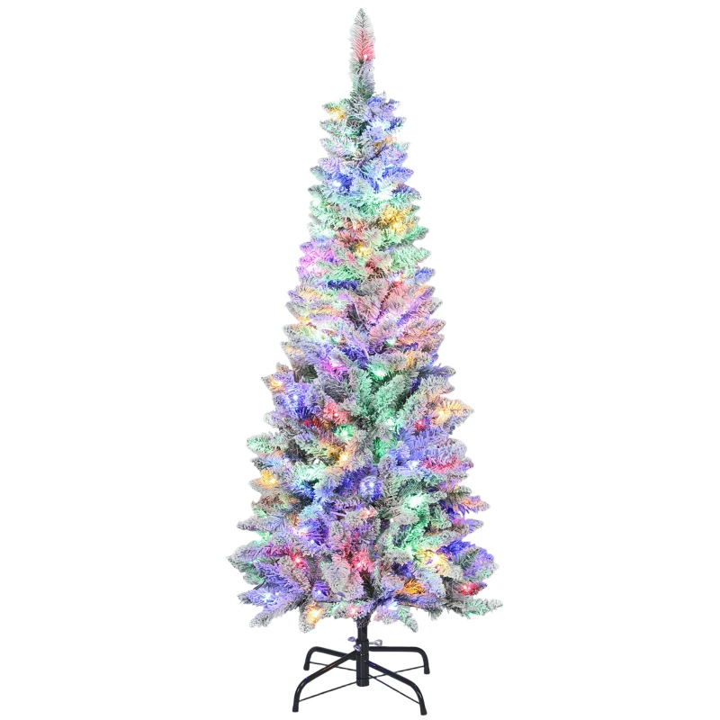 HOMCOM 5ft Flocked Christmas Tree with Dual Colour LED Light, Pencil Hinged Xmas Tree with 11 Light Modes, Easy Assembly