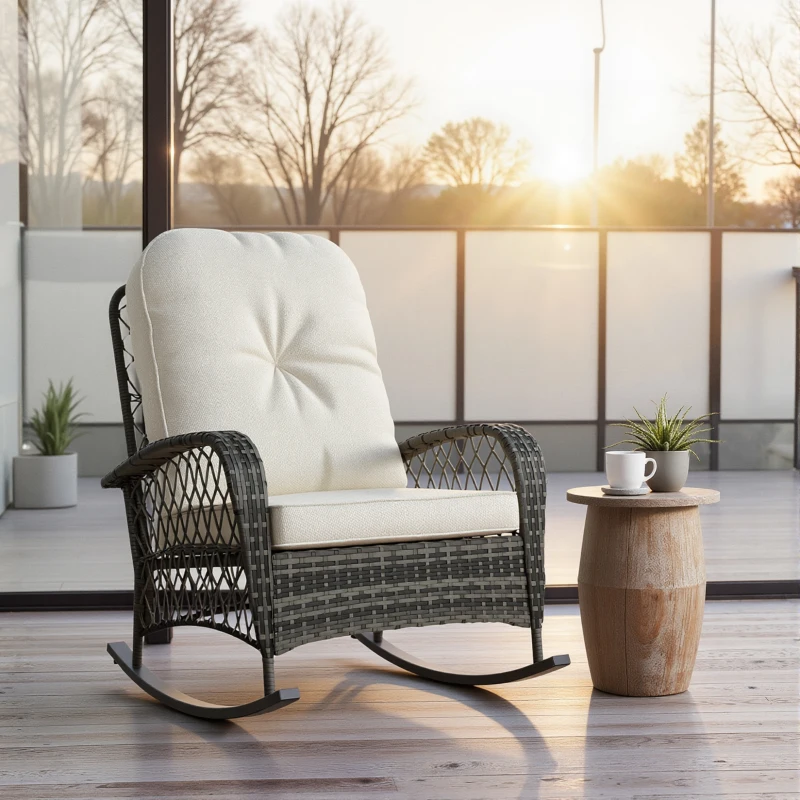 Outsunny Rattan Rocking Chair, Outdoor Wicker Patio Rocker Chair Furniture with Thick Cushions, for Garden Backyard Porch, Khaki