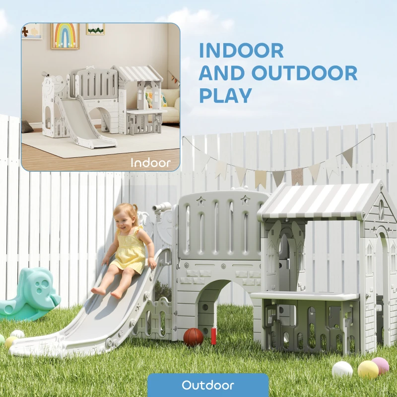 Qaba 7-in-1 Toddler Slide, Kids Slide Climber Playset with Playhouse and Basketball Hoop for 1-4 Years, Grey