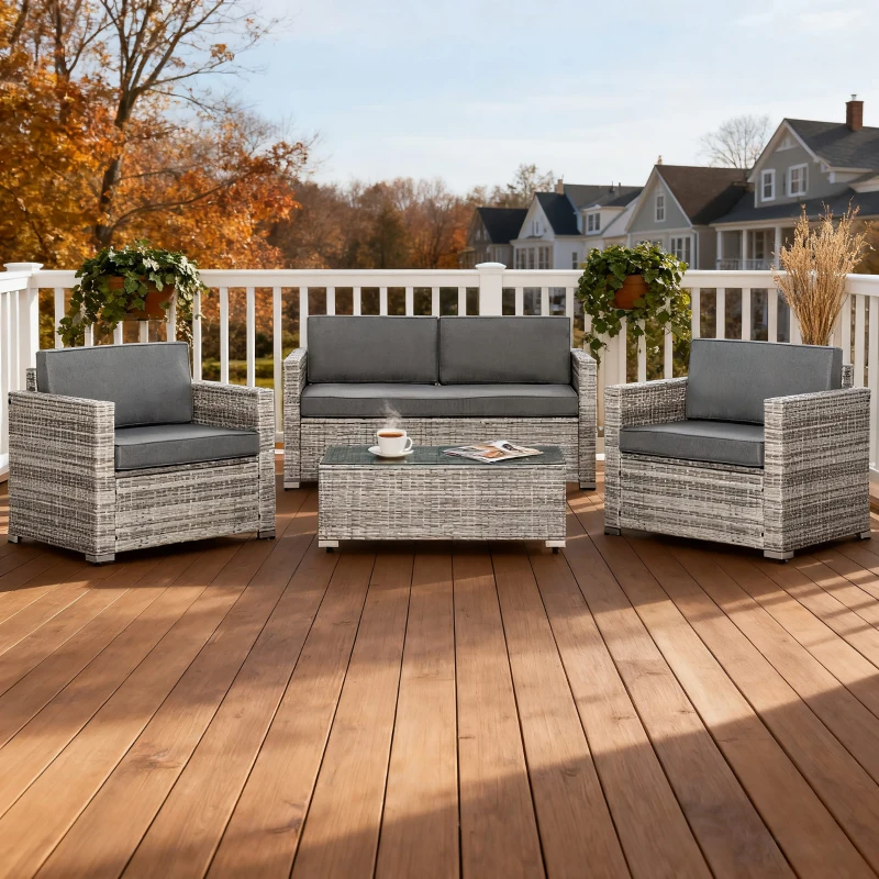 Outsunny 4 Pieces Patio Wicker Sofa Set, Outdoor PE Rattan Extra Wide Seat Conversation Furniture w/ Tempered Glass Table-top & Thick Padded Cushion for Garden, Backyard, Lawn, Mixed Grey