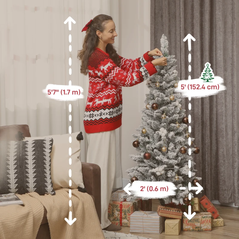 HOMCOM 5ft Flocked Christmas Tree with Dual Colour LED Light, Pencil Hinged Xmas Tree with 11 Light Modes, Easy Assembly