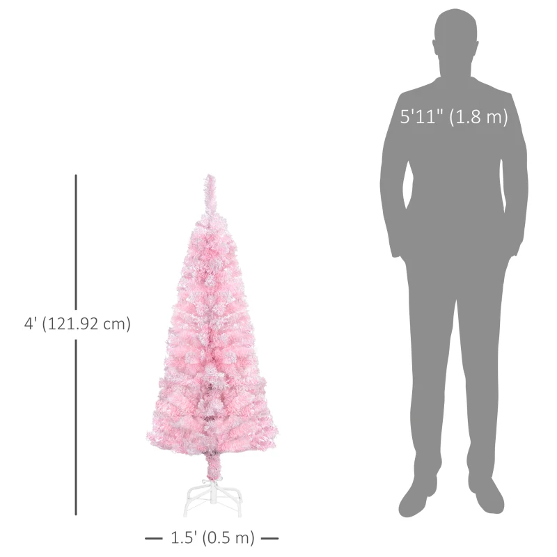 HOMCOM 4 ft Flocked Pencil Christmas Tree, Artificial Christmas Tree with Realistic Branches, Auto Open and Steel Base, Pink