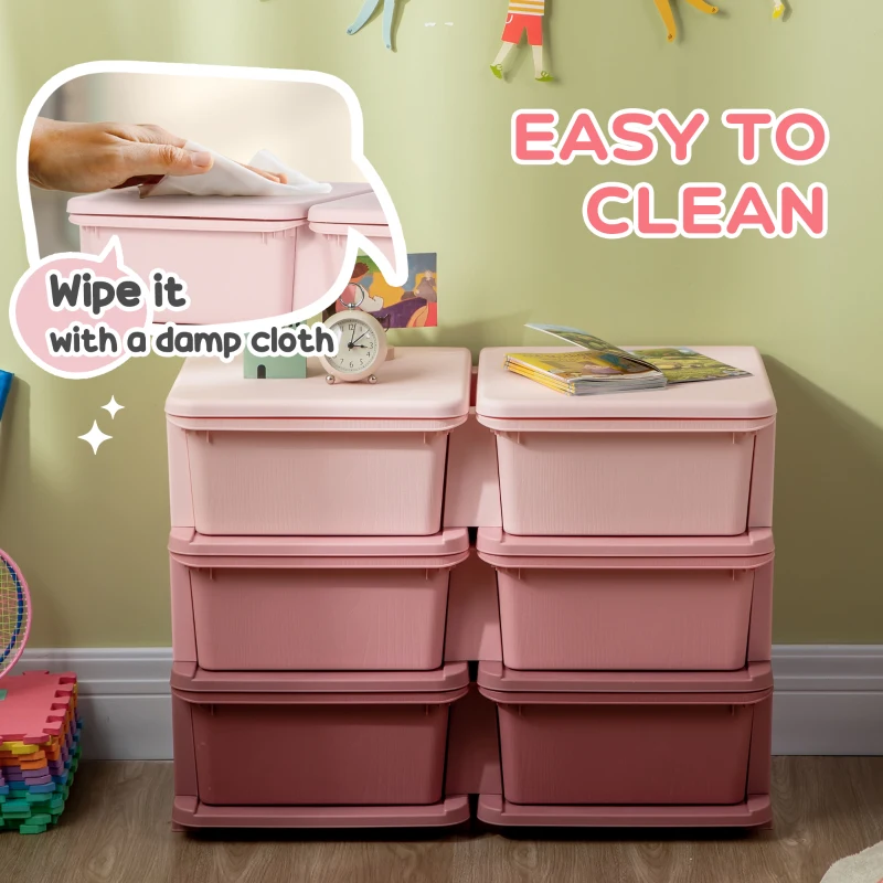 Qaba 3 Tier Kids Toy Organizer and Storage Bins with 6 Plastic Drawers, Pink