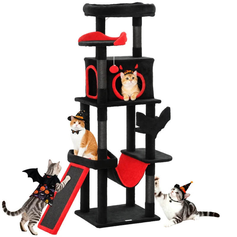 PawHut Gothic Cat Tree, 60" Tall Cat Tower with Coffin Bed,  Sisal Scratching Posts & Ramp, Condo, Hammock, Perches, Black