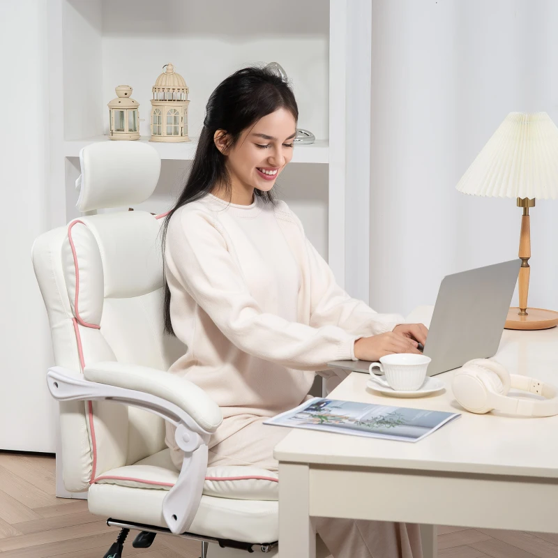 HOMCOM PU Leather Office Chair, Executive Desk Chair with Headrest, Foot Rest, Swivel Wheels, Reclining Computer Chair, White