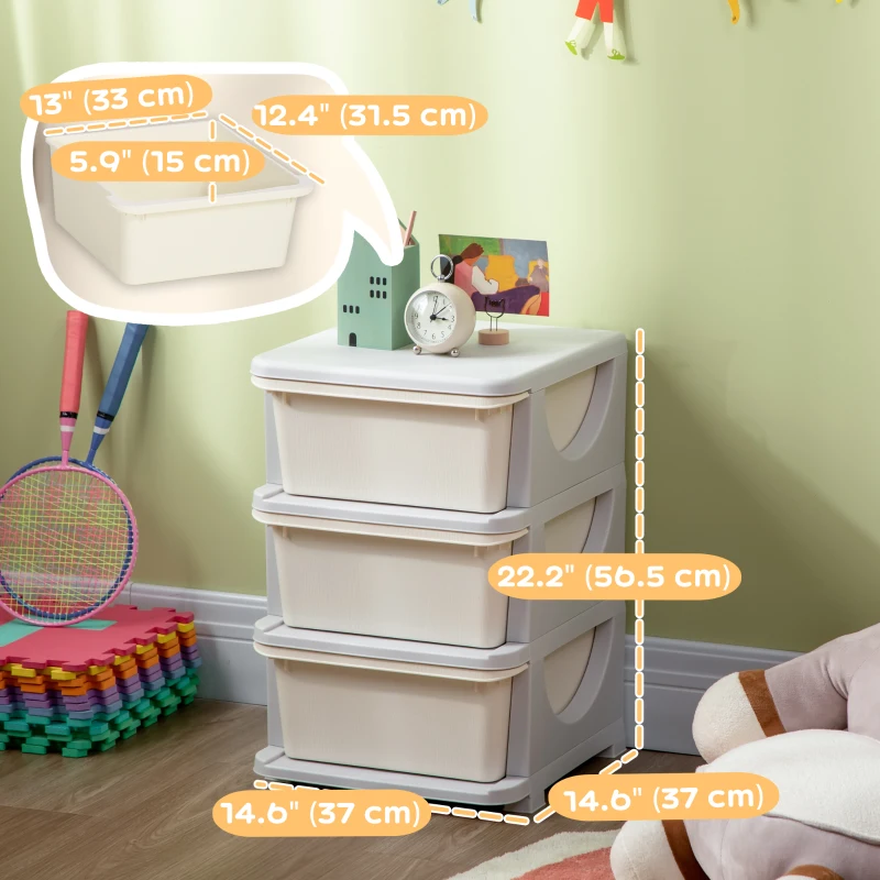 Qaba 3 Tier Kids Toy Organizer and Storage Bins with 3 Plastic Drawers, Cream White