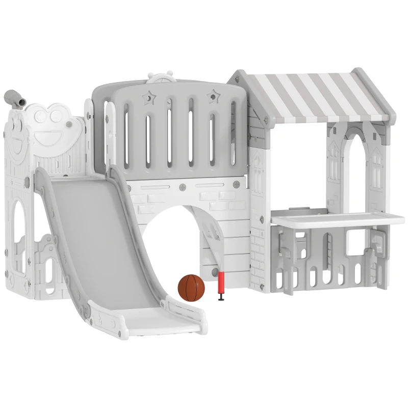 Qaba 7-in-1 Toddler Slide, Kids Slide Climber Playset with Playhouse and Basketball Hoop for 1-4 Years, Grey