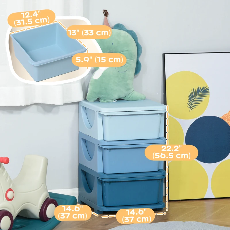 Qaba 3 Tier Kids Toy Organizer and Storage Bins with 3 Plastic Drawers, Blue