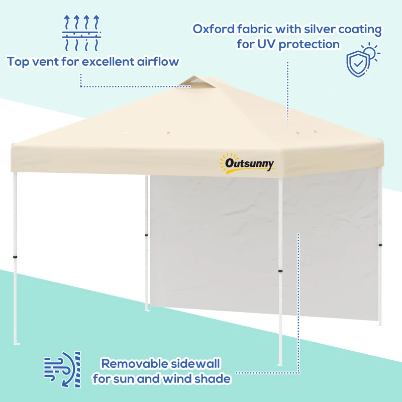 Outsunny 10' x 10' Pop-Up Canopy Tent with 1 Removable Sidewall, Commercial Instant Sun Shelter, Tents for Parties with Wheeled Carry Bag for Outdoor, Garden, Patio, Beige