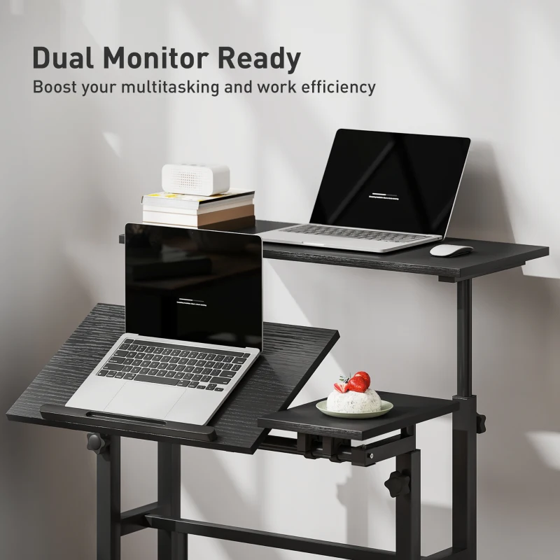 HOMCOM Mobile Stand Up Desk, Height & Angle Adjustable Computer Desk with Wheels for Standing or Sitting, Laptop Desk, Black