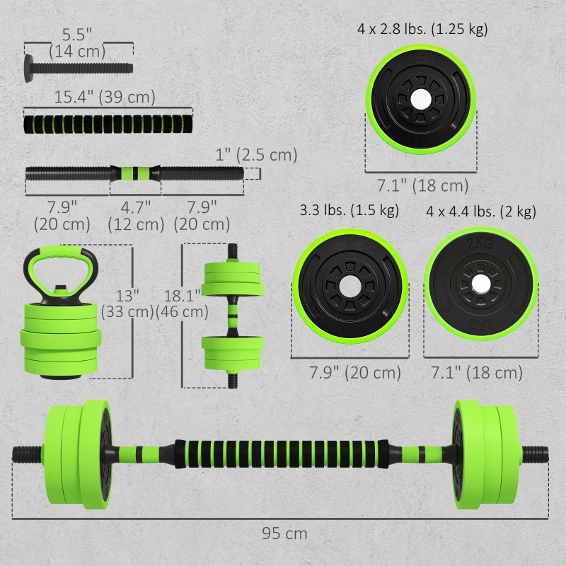 Soozier 44lbs 4-in-1 Adjustable Weight Dumbbell Set, Barbell, Kettlebell, Push Up Stand, Green