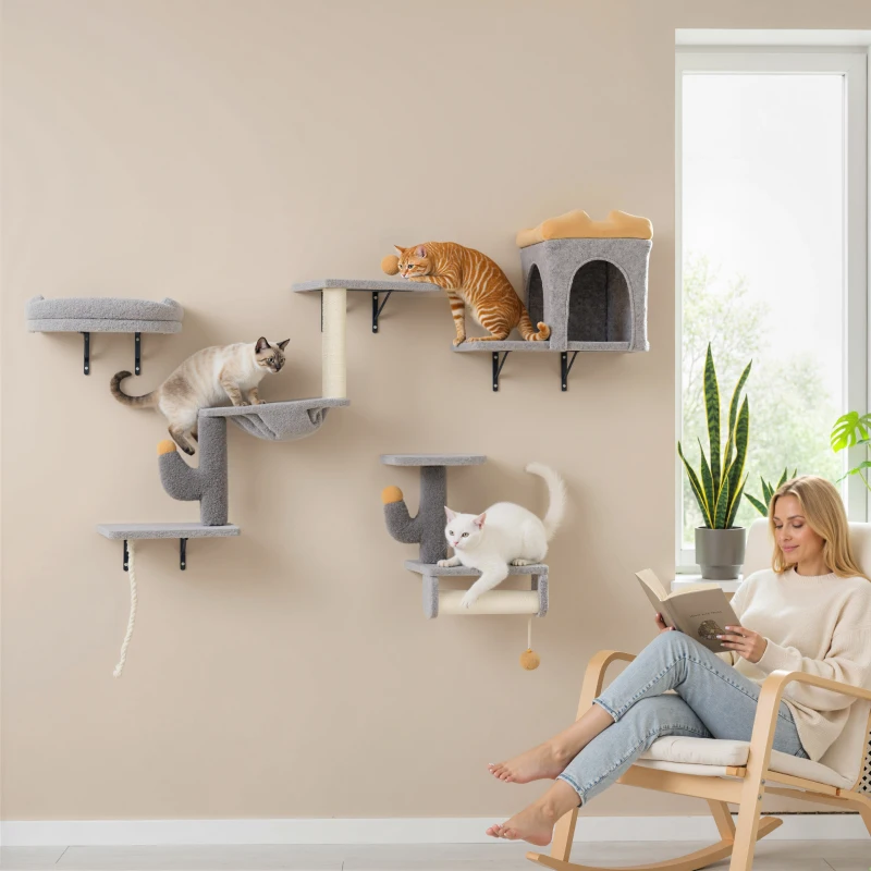 PawHut Cat Wall Shelves, 4 Pcs Cat Wall Furniture Set with Scratching Posts, Condo, Hammock, Perchs, Light Grey
