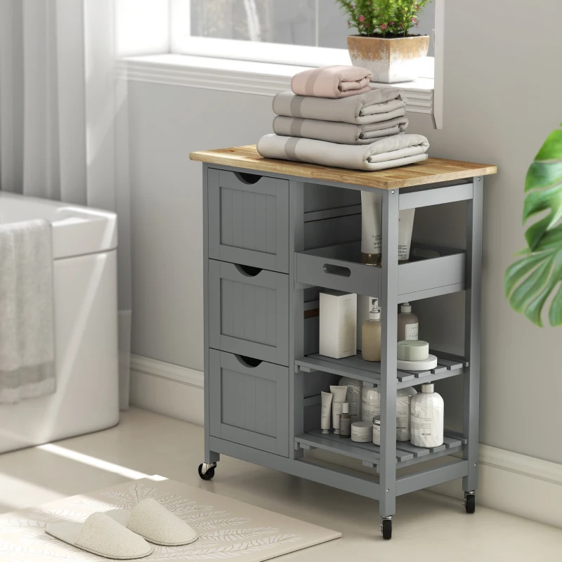 HOMCOM Rolling Kitchen Cart, Kitchen Island with Wood Top, Shelves & Drawers for Dining Area, Gray