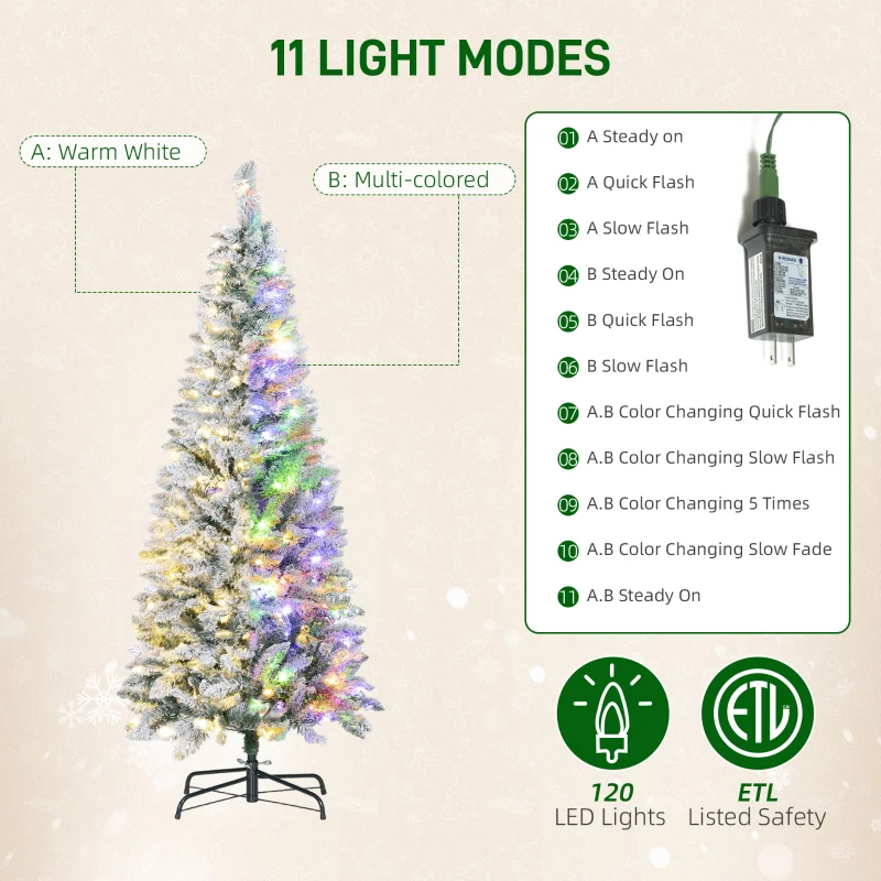 HOMCOM 5ft Flocked Christmas Tree with Dual Colour LED Light, Pencil Hinged Xmas Tree with 11 Light Modes, Easy Assembly