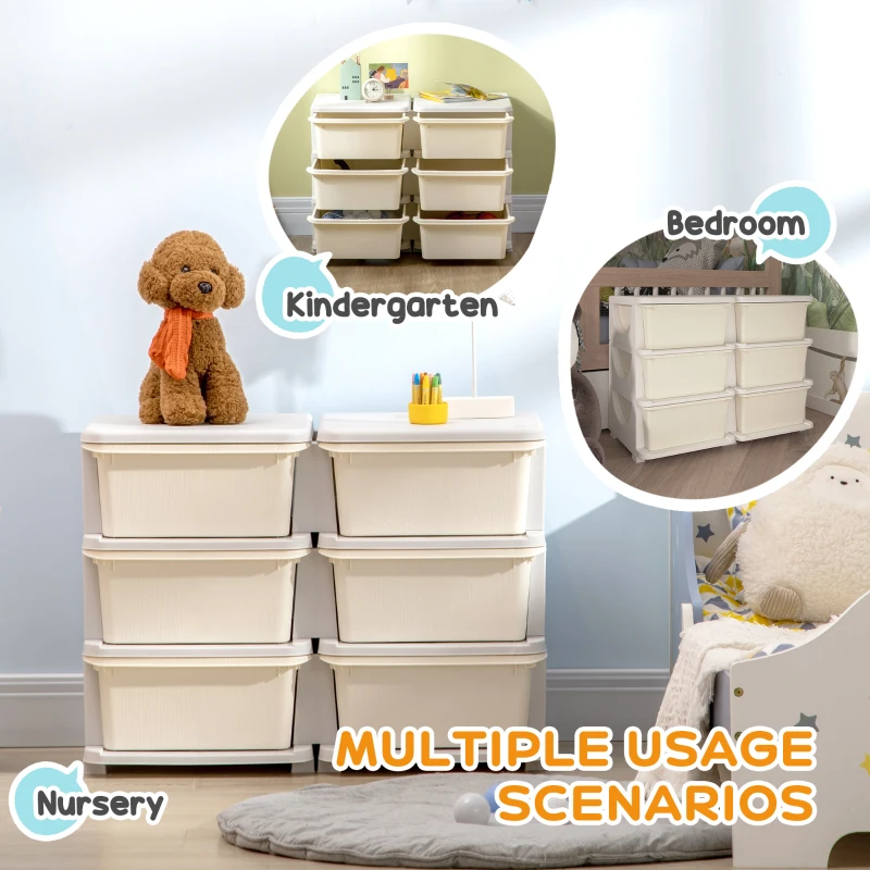 Qaba 3 Tier Kids Toy Organizer and Storage Bins with 6 Plastic Drawers, Cream White