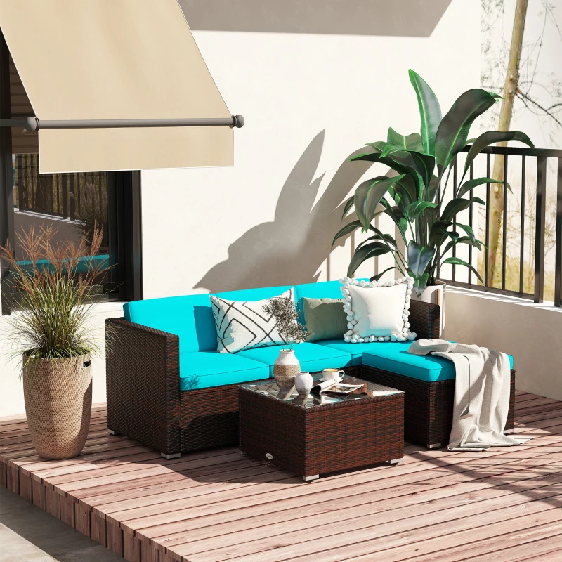 Outsunny Patio Furniture w/ Soft Cushions, Corner Sofa Sets, Turquoise