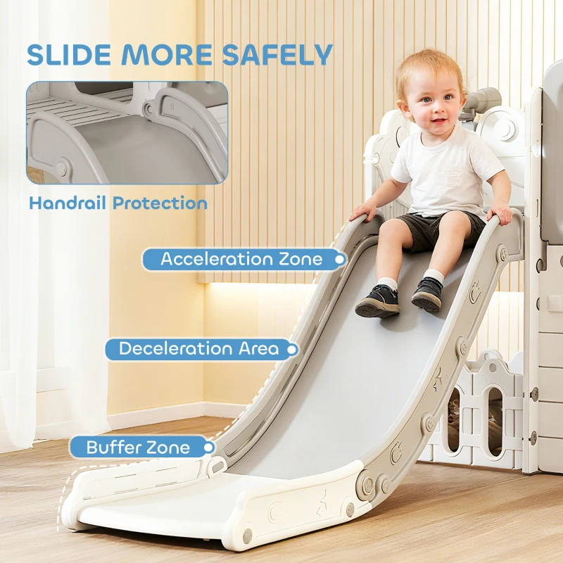 Qaba 7-in-1 Toddler Slide, Kids Slide Climber Playset with Playhouse and Basketball Hoop for 1-4 Years, Grey