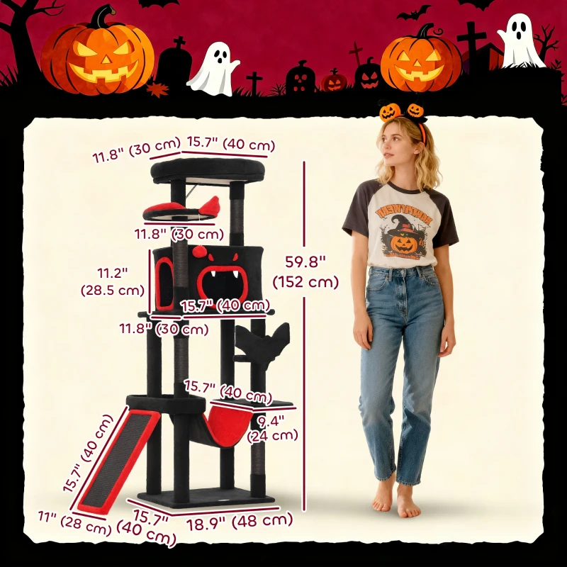 PawHut Gothic Cat Tree, 60" Tall Cat Tower with Coffin Bed,  Sisal Scratching Posts & Ramp, Condo, Hammock, Perches, Black