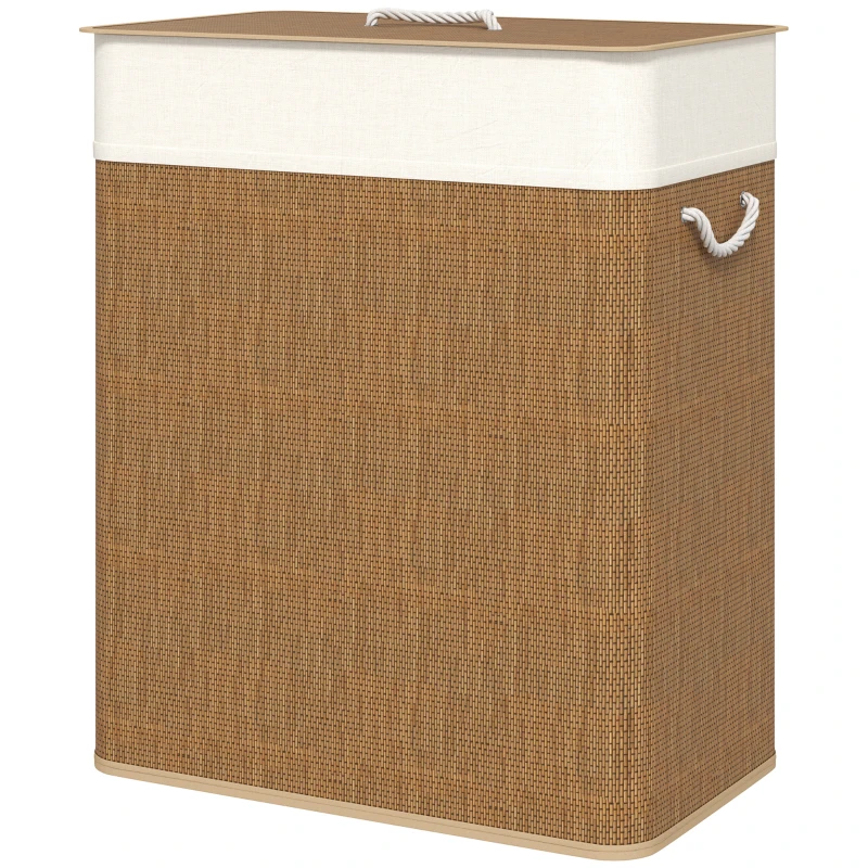 HOMCOM Double Laundry Basket with Lid, 100L Bamboo Laundry Hamper with Rope Handles and Removable Bags, Brown