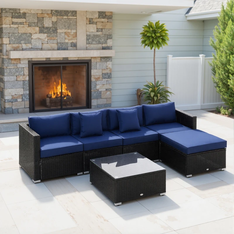Outsunny 6 Pieces Outdoor PE Rattan Wicker Patio Furniture Sofa Set with Thick Cushions, Deluxe Garden Sectional Couch with Glass Top Table, Black and Dark Blue