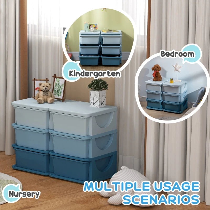 Qaba 3 Tier Kids Toy Organizer and Storage Bins with 6 Plastic Drawers, Blue