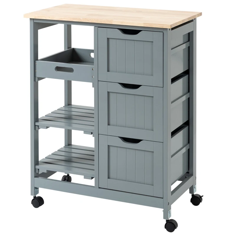 HOMCOM Compact Bar Serving Cart, Compact Trolley with Wood Top & Drawers, Gray