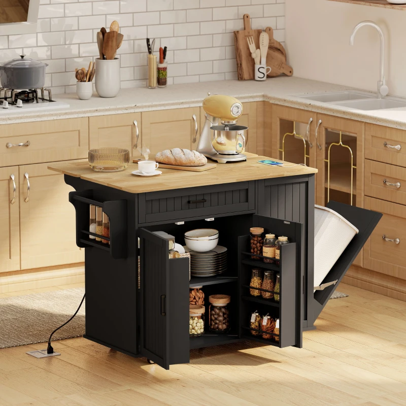 HOMCOM Kitchen Island Cart, Portable Kitchen Island Table with Charging Station, Rubber Wood Drop Leaf, Trash Storage, Black