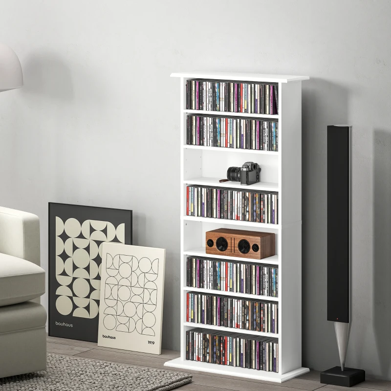 HOMCOM 8-Tier DVD Shelf with 6 Adjustable Shelves, Slim CD Shelf, Holds 360 CDs, 185 DVDs or 185 Blu-rays, White