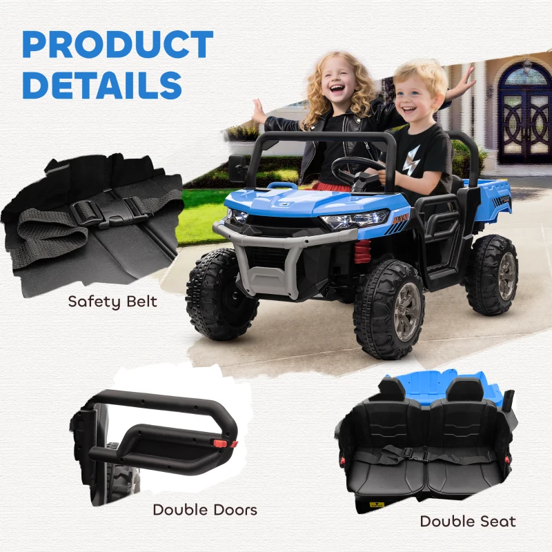 Aosom 12V Ride on Car with Electric Bucket, Two-Seater, Shovel, Remote Control, Spring Suspension, Horn, Music, Blue