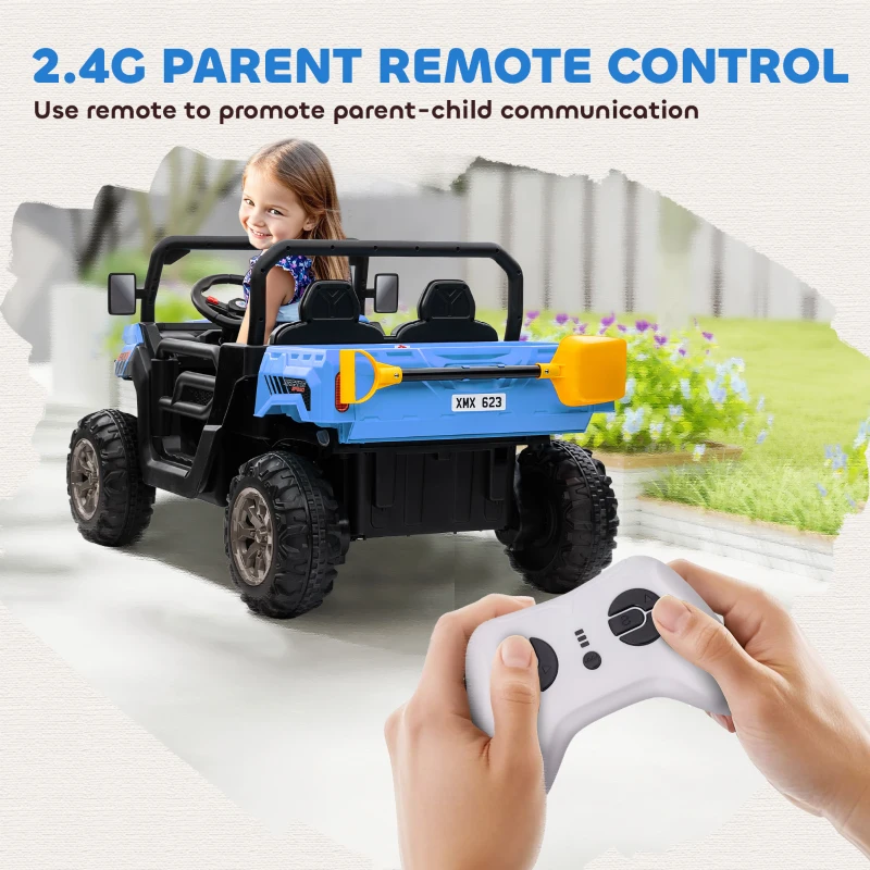 Aosom 12V Ride on Car with Electric Bucket, Two-Seater, Shovel, Remote Control, Spring Suspension, Horn, Music, Blue