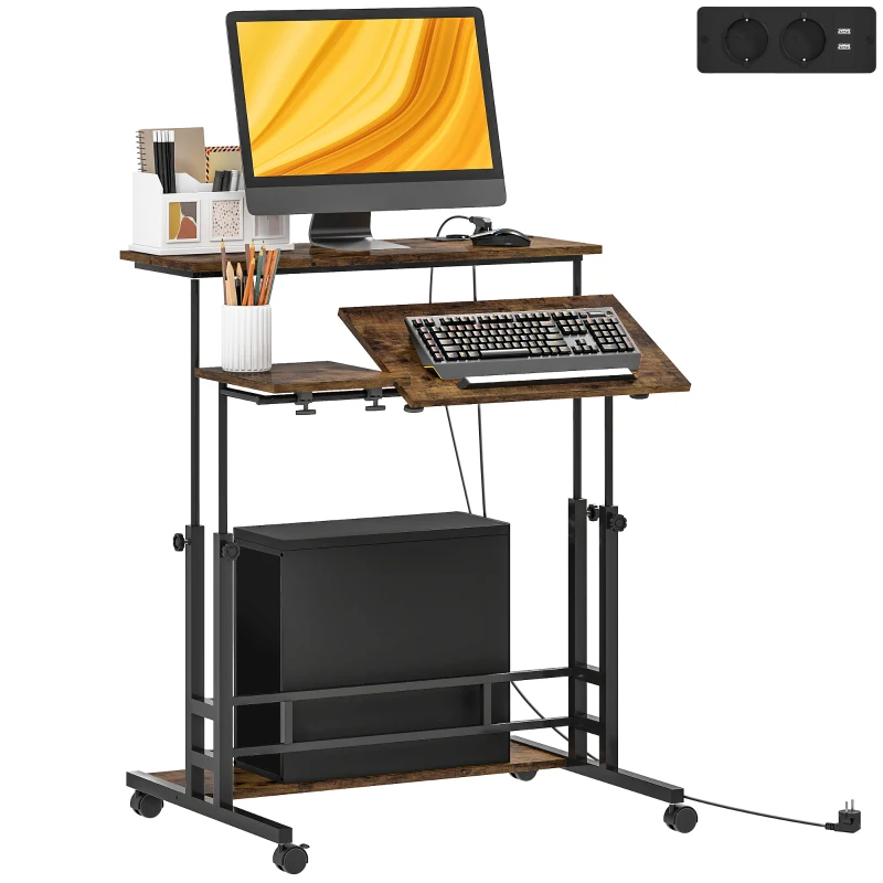 HOMCOM Adjustable Standing Desk with Power Outlets, Stand Up Desk with Tiltable Tabletop, Wheels, Shelf, for Home Office, Brown