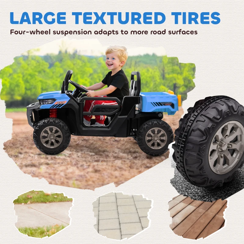 Aosom 12V Ride on Car with Electric Bucket, Two-Seater, Shovel, Remote Control, Spring Suspension, Horn, Music, Blue