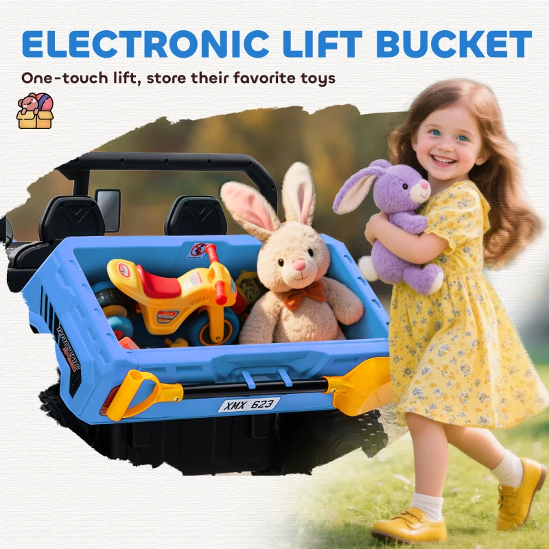 Aosom 12V Ride on Car with Electric Bucket, Two-Seater, Shovel, Remote Control, Spring Suspension, Horn, Music, Blue