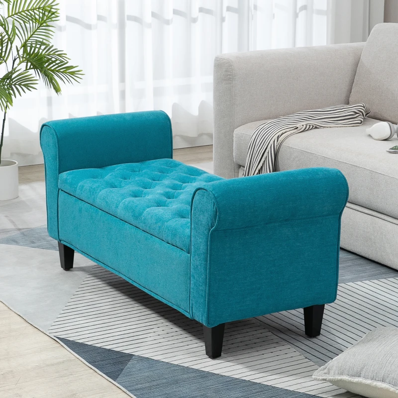 HOMCOM 50 Inches Storage Ottoman, End of Bed Bench with Rolled Arms, Wood Legs, Button Tufted Storage Bench, Teal