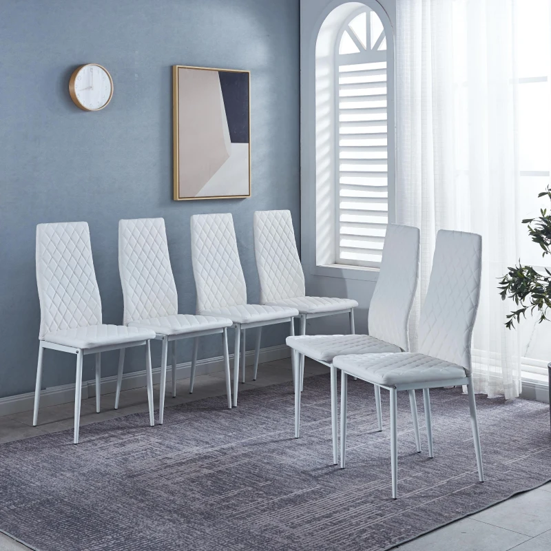 Set of 6 Modern Dining Chairs with Fireproof Leather, Diamond Grid Pattern, Dining Seats Perfect for Gatherings, 18" L x 21.5" W x 37" H, White