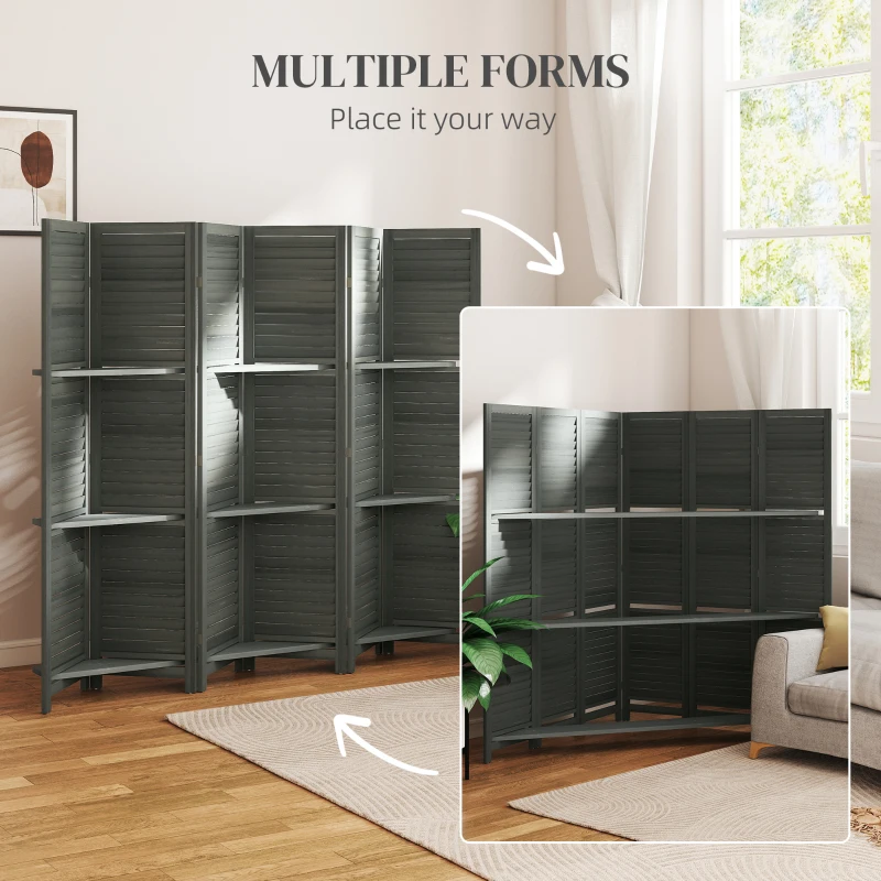 HOMCOM 6 Panel 67" Tall Wood Privacy Screen Room Divider with 3 Shelves and Folding Storage for Bedroom, Gray