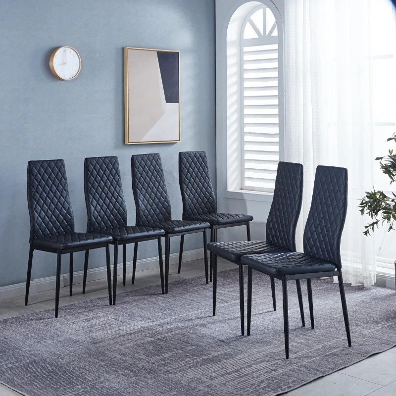 Set of 6 Modern Dining Chairs with Fireproof Leather, Diamond Grid Pattern, Dining Seats Perfect for Gatherings, 18" L x 21.5" W x 37" H, Black